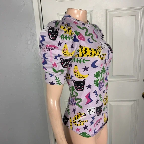 Vintage Nooworks Shirt XS Tee Floral Hastings Print Cotton Mushroom Puff top E3 - Picture 5 of 6